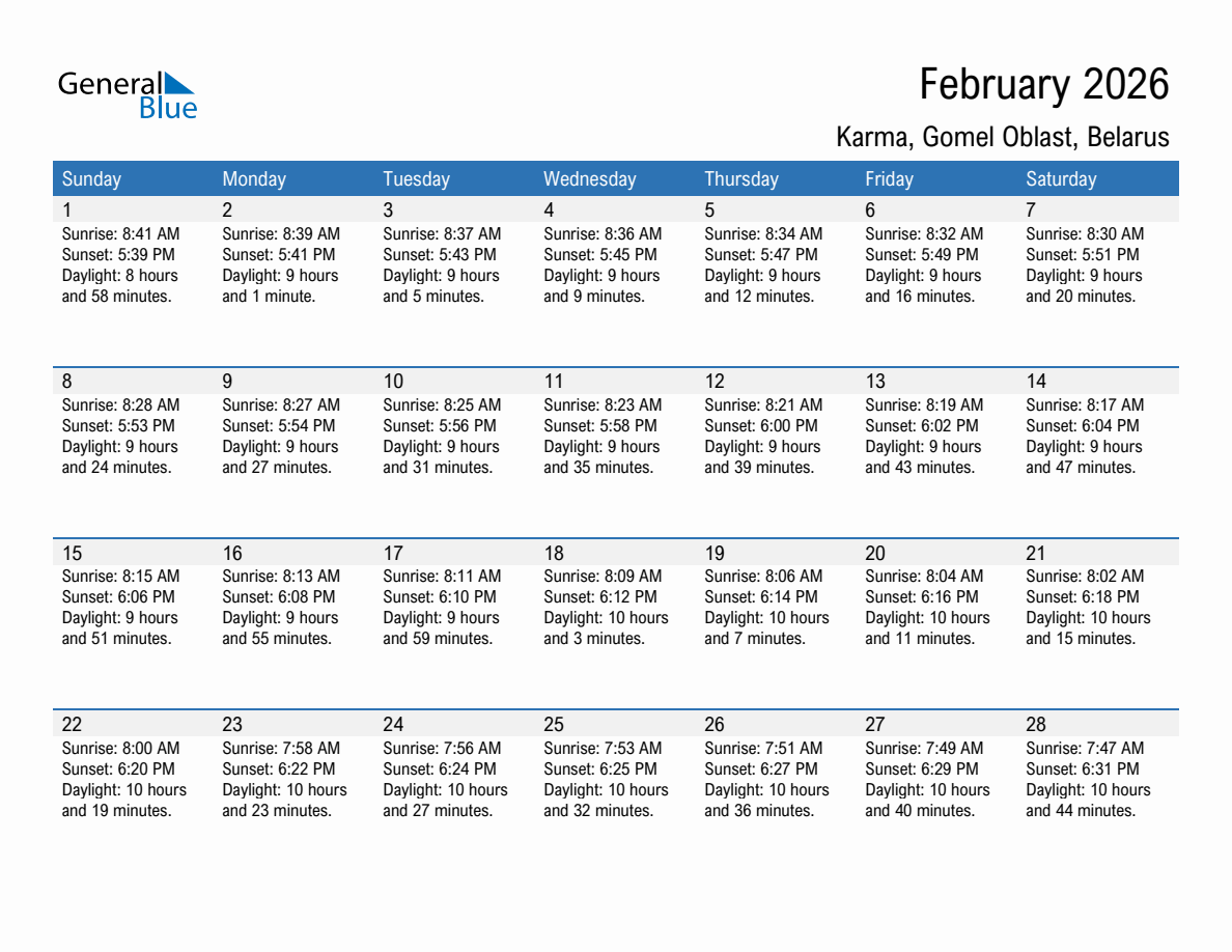 February 2026 sunrise and sunset calendar for Karma
