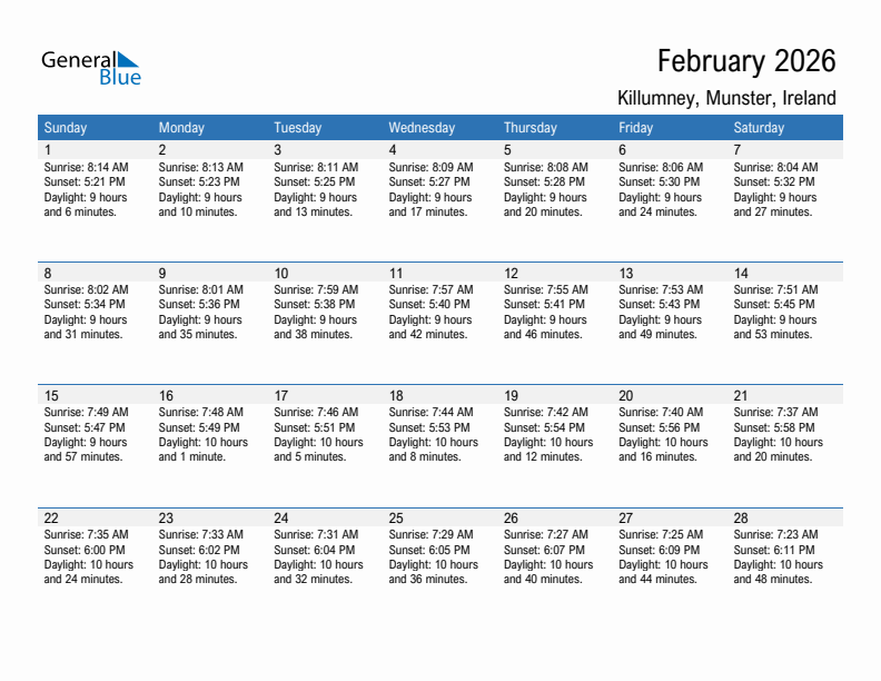 Killumney February 2026 sunrise and sunset calendar in PDF, Excel, and Word