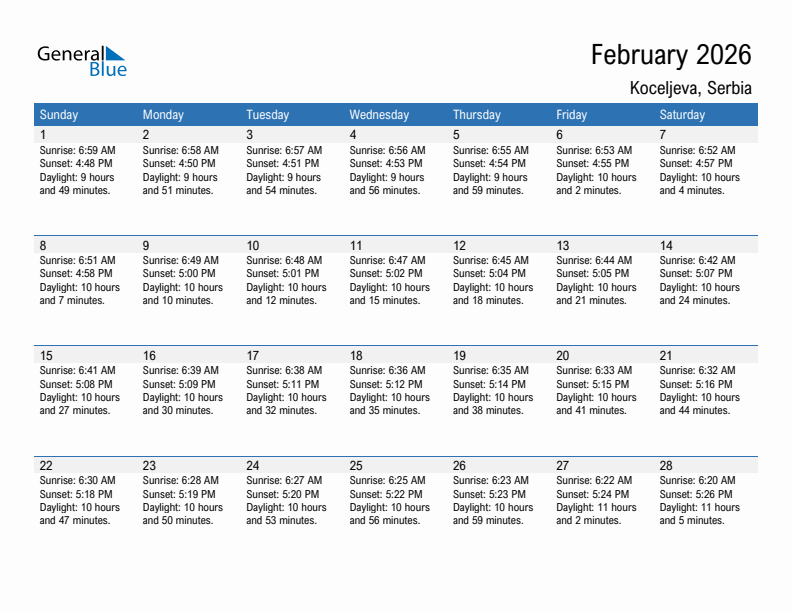 Koceljeva February 2026 sunrise and sunset calendar in PDF, Excel, and Word