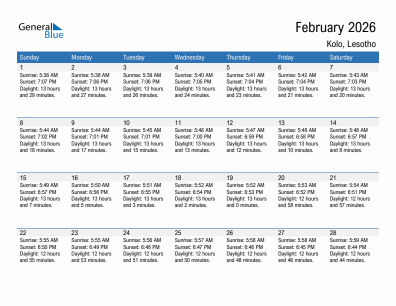 Kolo February 2026 sunrise and sunset calendar in PDF, Excel, and Word