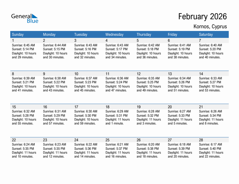Kornos February 2026 sunrise and sunset calendar in PDF, Excel, and Word