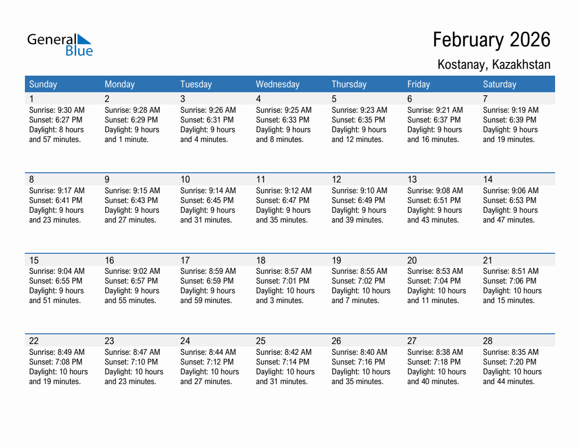 February 2026 sunrise and sunset calendar for Kostanay