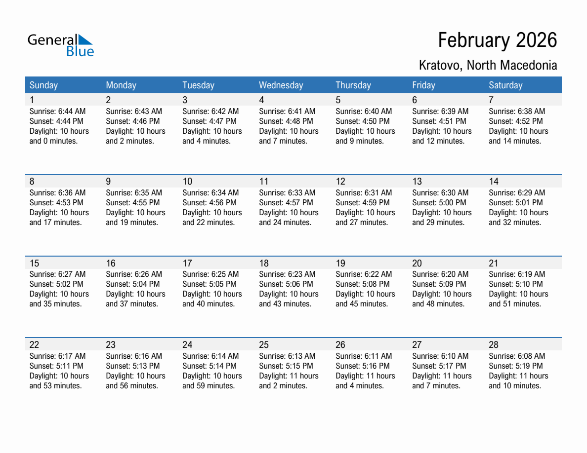 February 2026 sunrise and sunset calendar for Kratovo