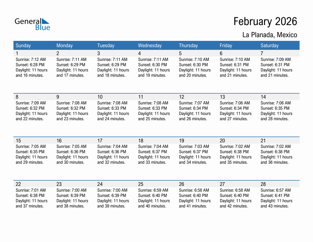 February 2026 sunrise and sunset calendar for La Planada