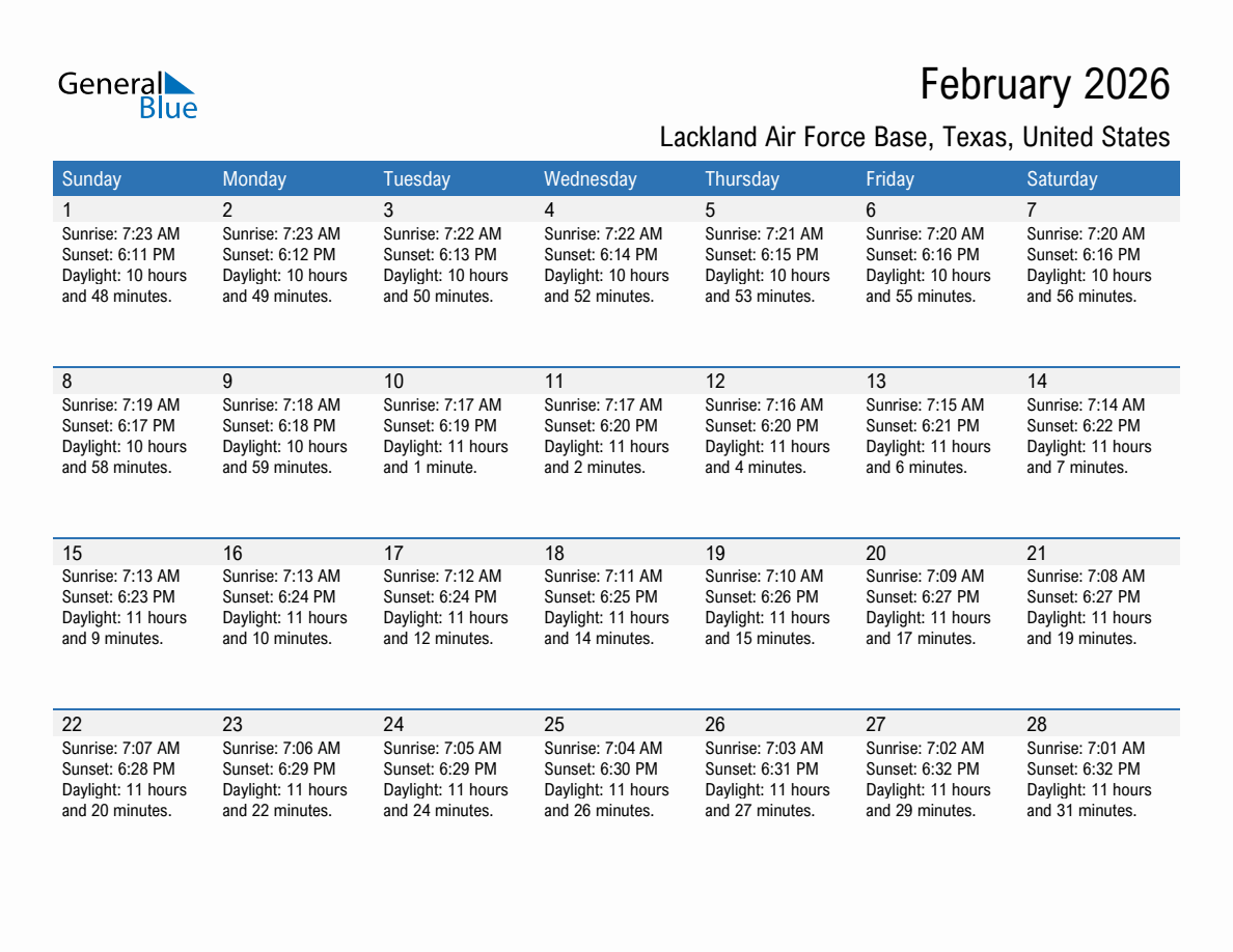 February 2026 sunrise and sunset calendar for Lackland Air Force Base