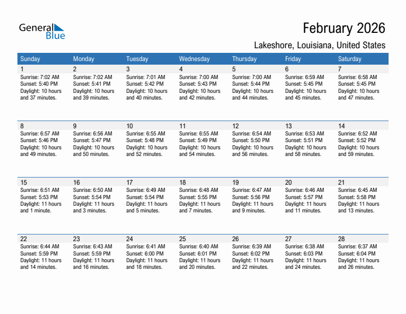 Lakeshore February 2026 sunrise and sunset calendar in PDF, Excel, and Word