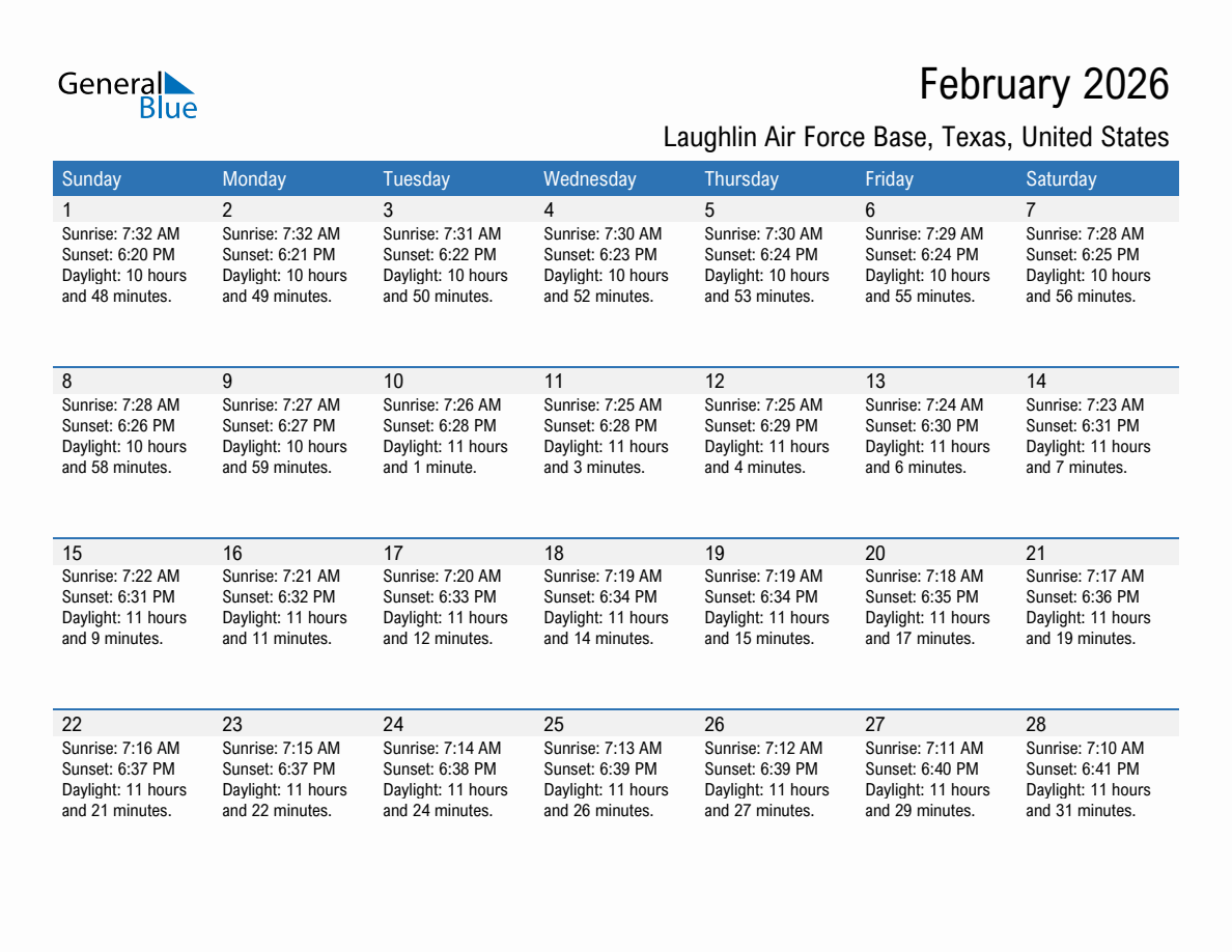 February 2026 sunrise and sunset calendar for Laughlin Air Force Base
