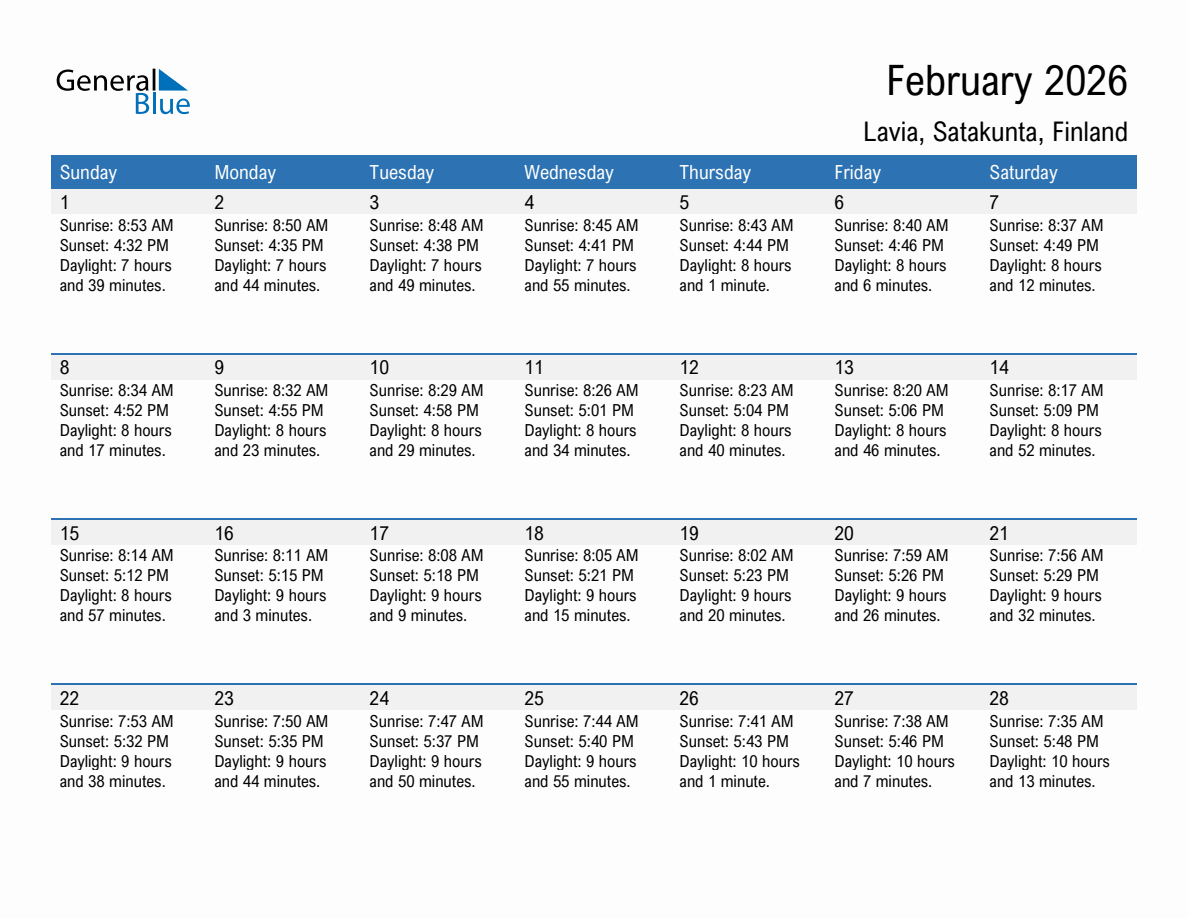 February 2026 sunrise and sunset calendar for Lavia
