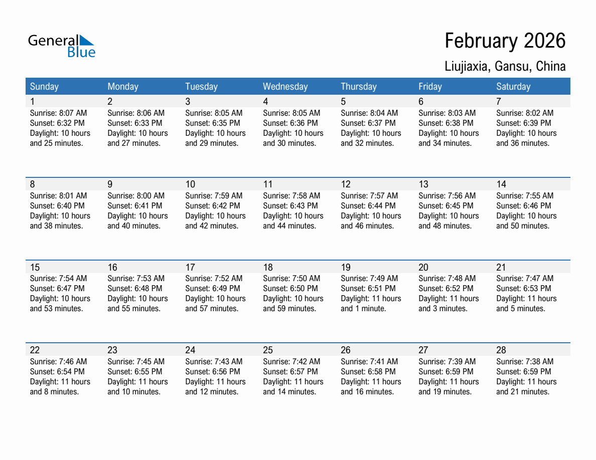 February 2026 sunrise and sunset calendar for Liujiaxia