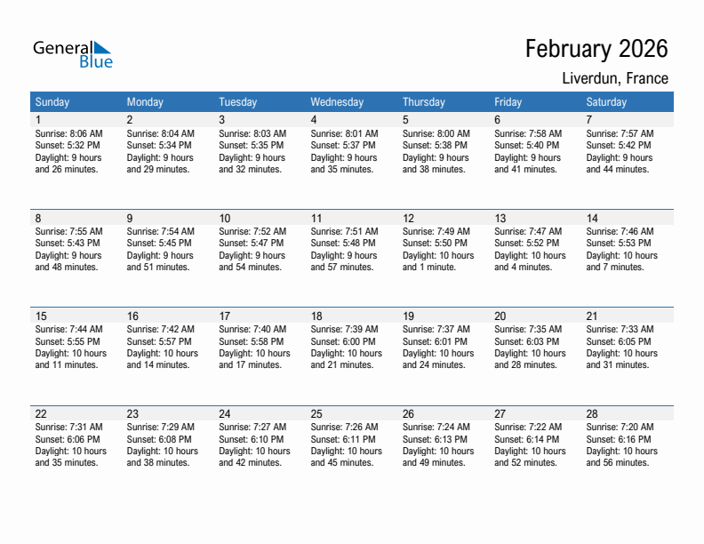 Liverdun February 2026 sunrise and sunset calendar in PDF, Excel, and Word