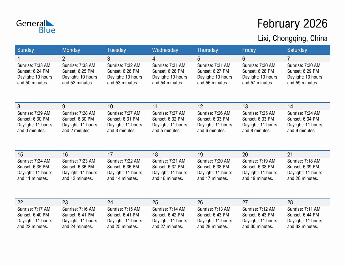 February 2026 sunrise and sunset calendar for Lixi