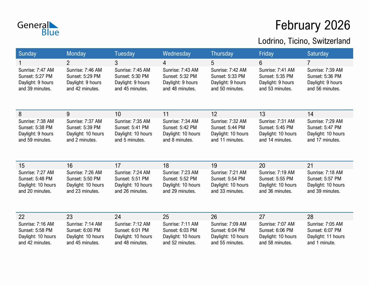 February 2026 sunrise and sunset calendar for Lodrino