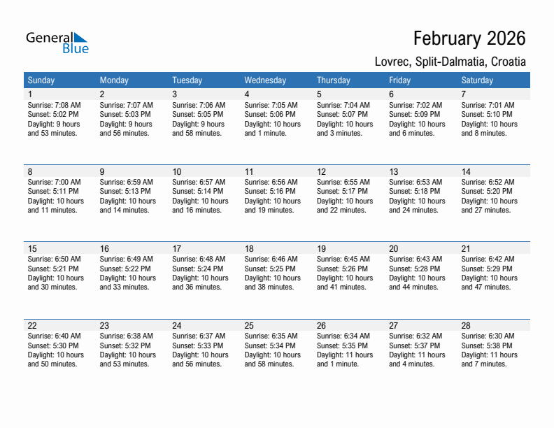 Lovrec February 2026 sunrise and sunset calendar in PDF, Excel, and Word