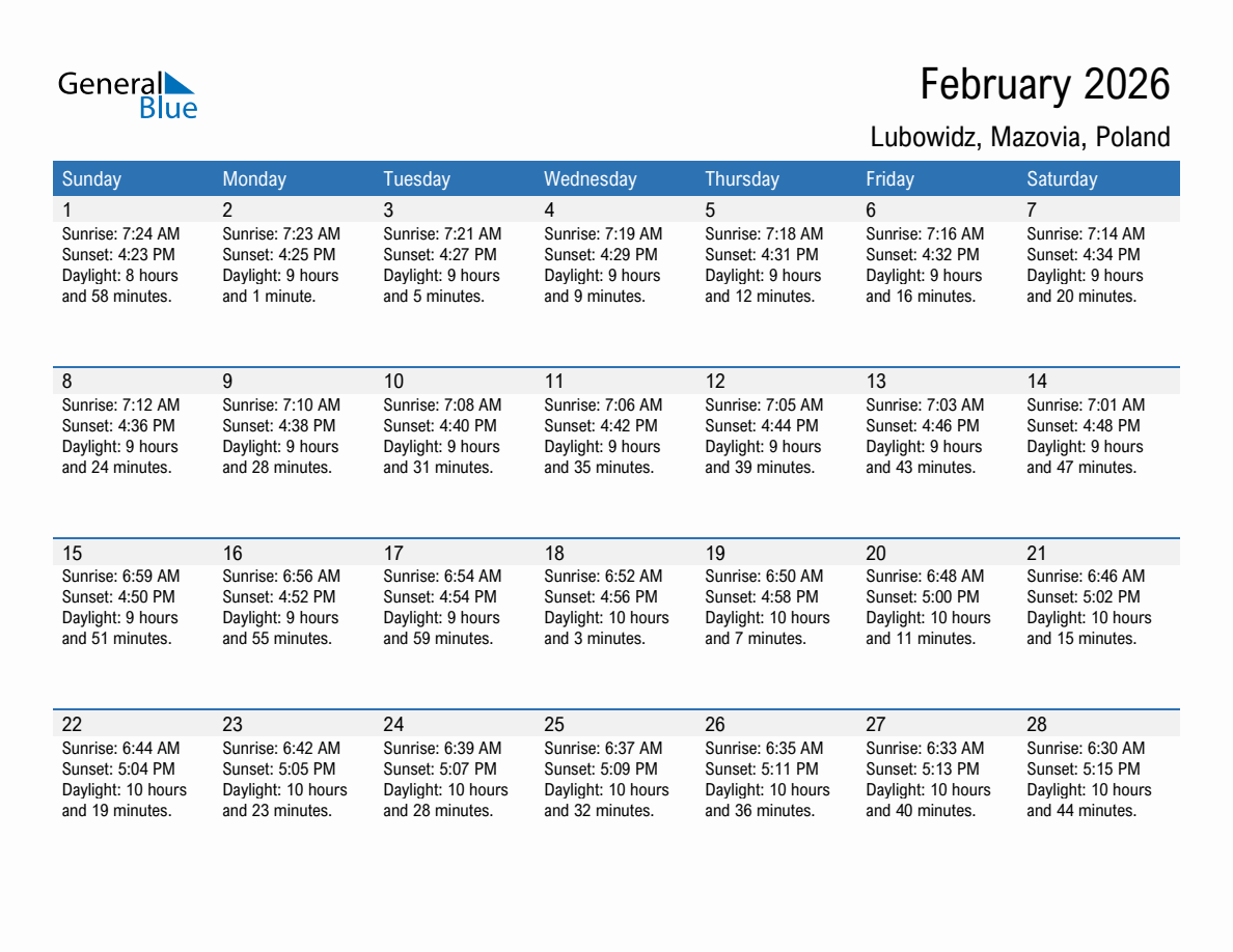 February 2026 sunrise and sunset calendar for Lubowidz