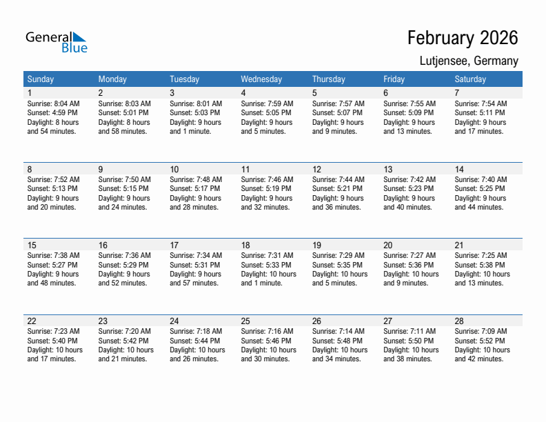 Lutjensee February 2026 sunrise and sunset calendar in PDF, Excel, and Word