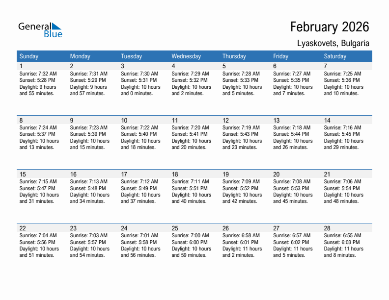 Lyaskovets February 2026 sunrise and sunset calendar in PDF, Excel, and Word