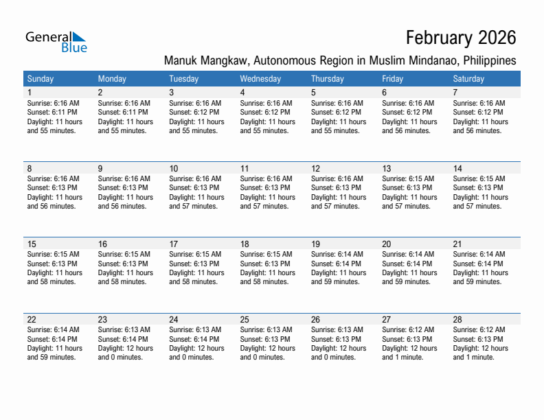 Manuk Mangkaw February 2026 sunrise and sunset calendar in PDF, Excel, and Word