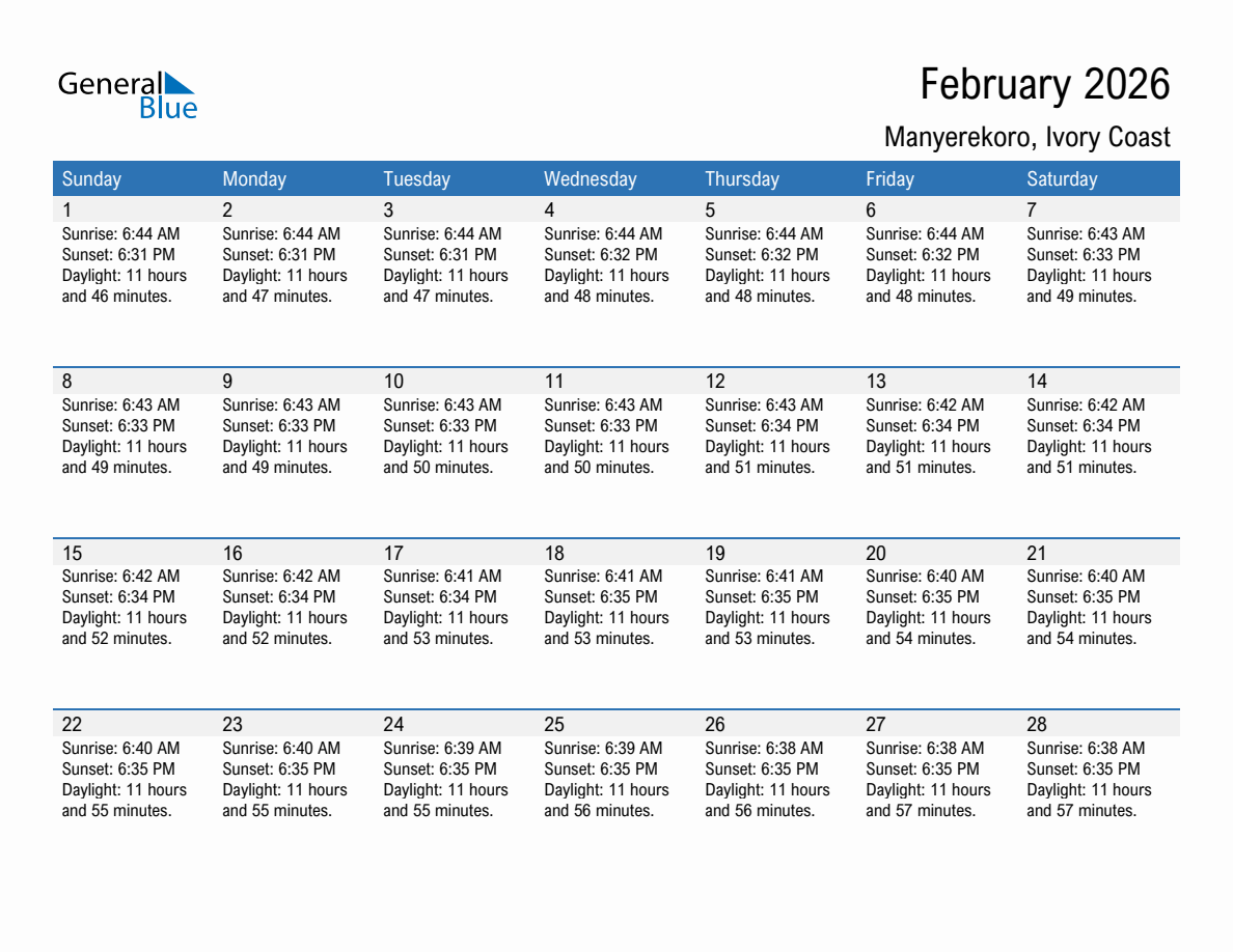 February 2026 sunrise and sunset calendar for Manyerekoro