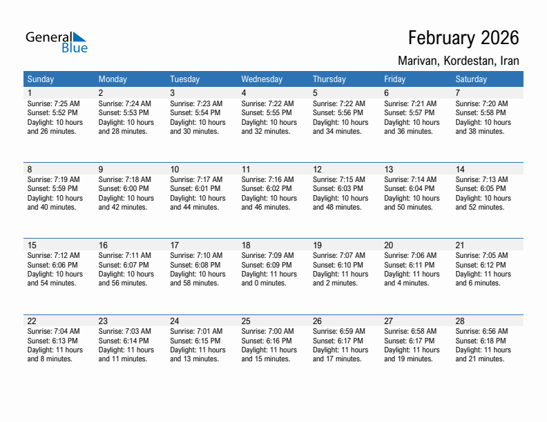 Marivan February 2026 sunrise and sunset calendar in PDF, Excel, and Word