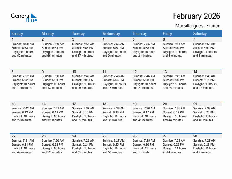 Marsillargues February 2026 sunrise and sunset calendar in PDF, Excel, and Word