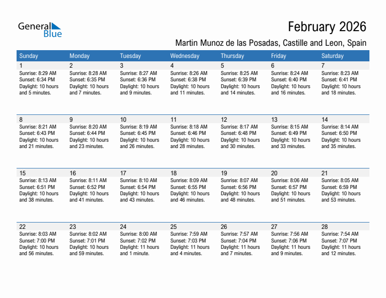 Martin Munoz de las Posadas February 2026 sunrise and sunset calendar in PDF, Excel, and Word