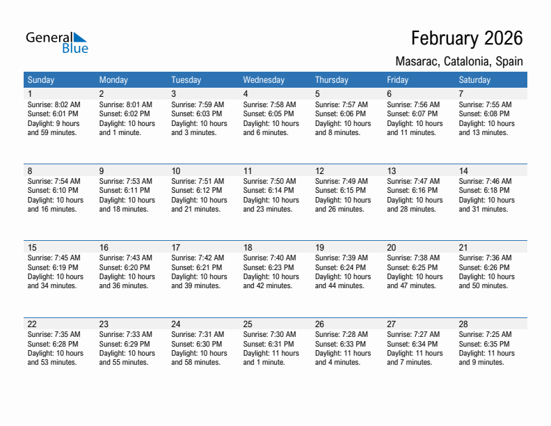 Masarac February 2026 sunrise and sunset calendar in PDF, Excel, and Word