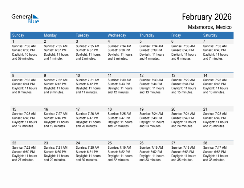 Matamoros February 2026 sunrise and sunset calendar in PDF, Excel, and Word