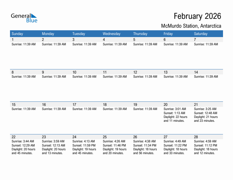 McMurdo Station February 2026 sunrise and sunset calendar in PDF, Excel, and Word