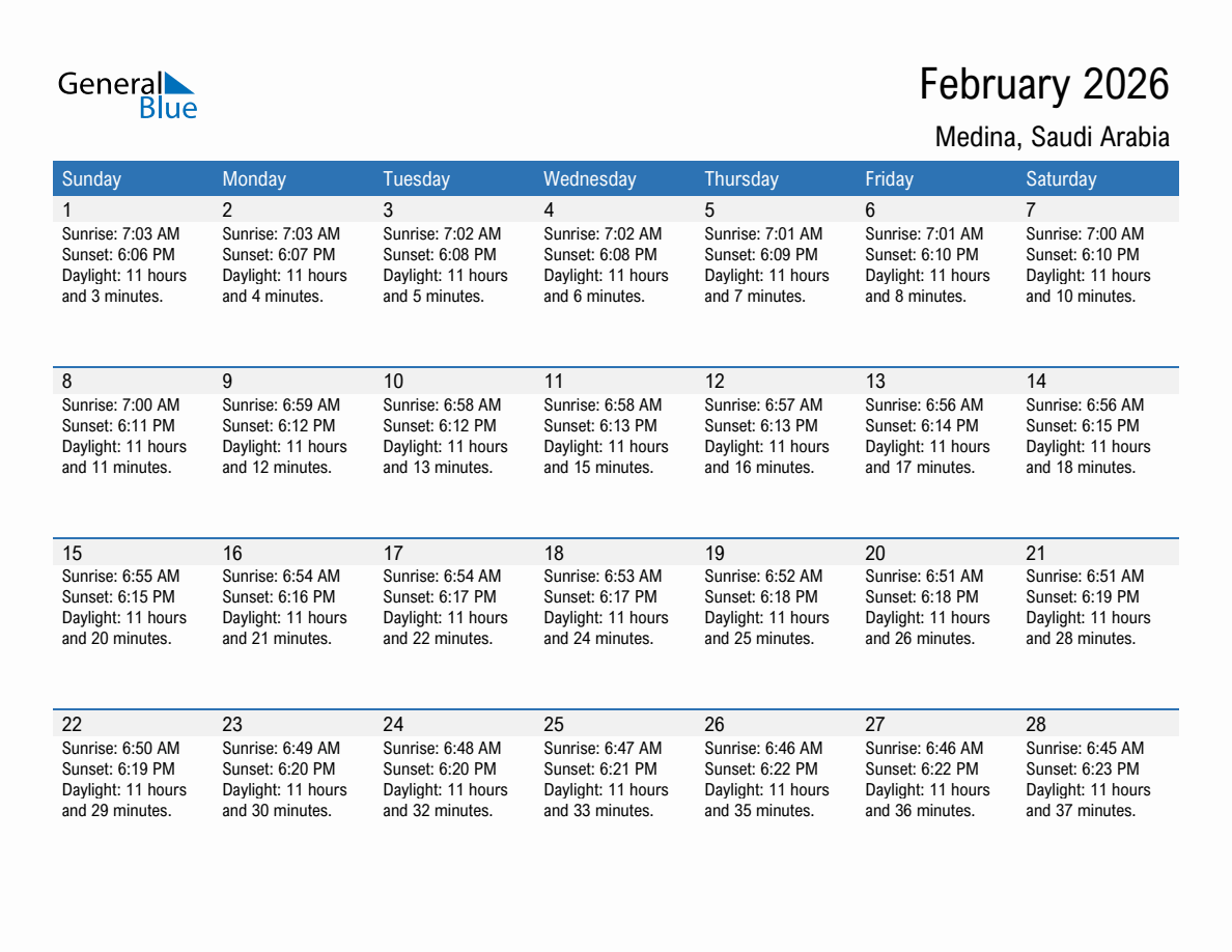 February 2026 sunrise and sunset calendar for Medina