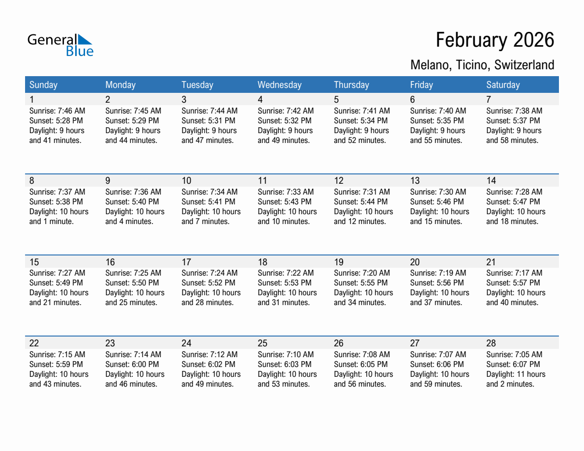 February 2026 sunrise and sunset calendar for Melano