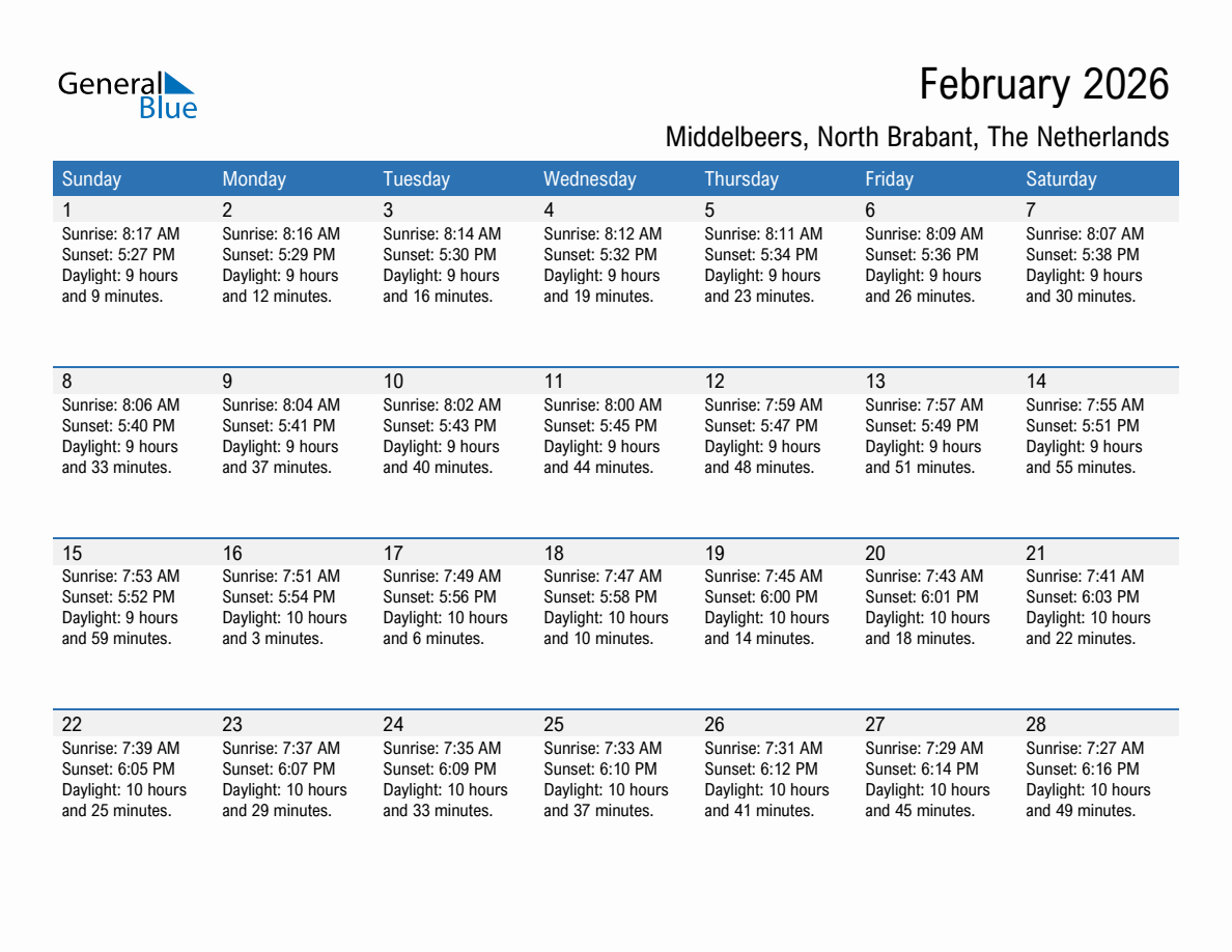 February 2026 sunrise and sunset calendar for Middelbeers