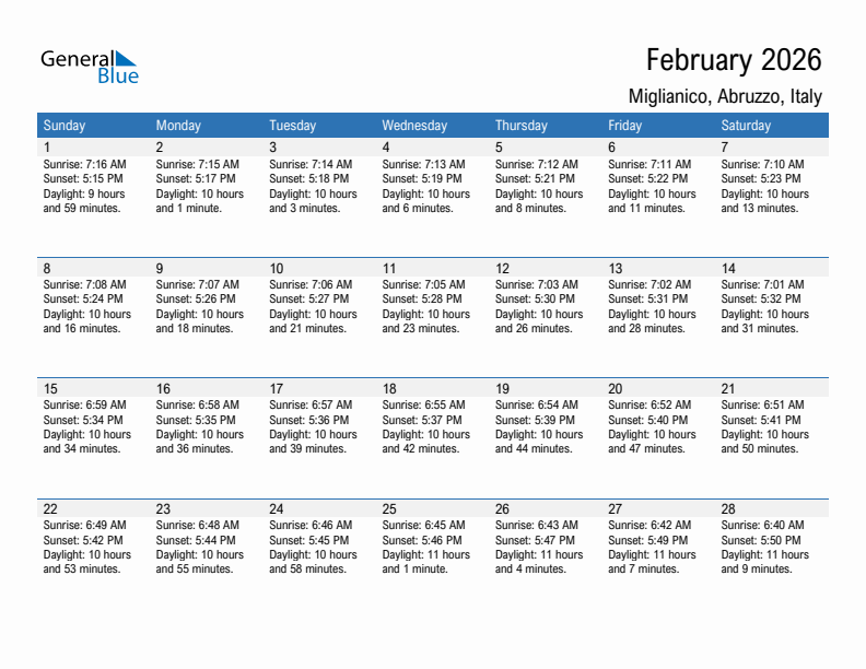 Miglianico February 2026 sunrise and sunset calendar in PDF, Excel, and Word