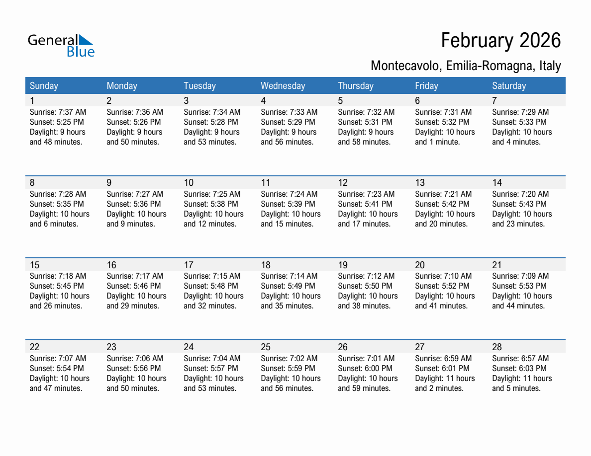 February 2026 sunrise and sunset calendar for Montecavolo