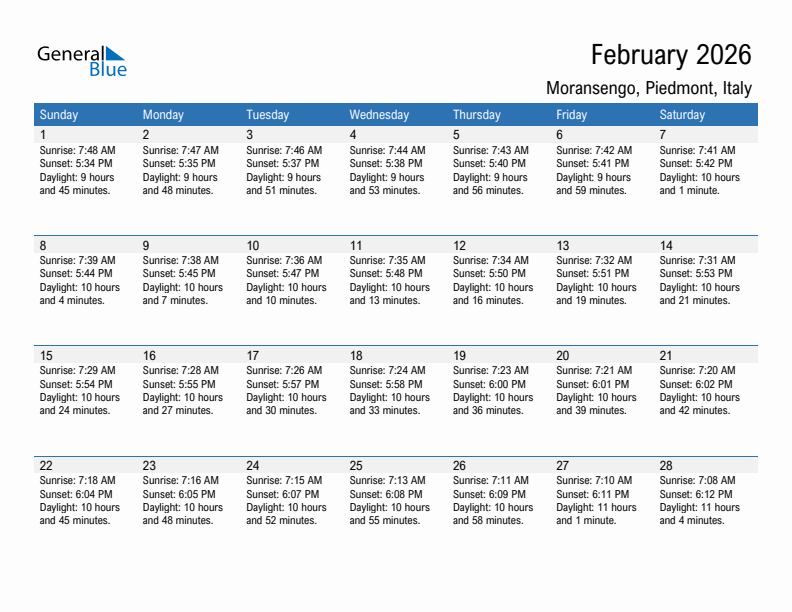 Moransengo February 2026 sunrise and sunset calendar in PDF, Excel, and Word