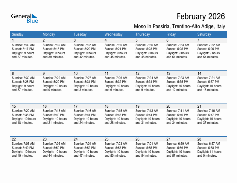 Moso in Passiria February 2026 sunrise and sunset calendar in PDF, Excel, and Word