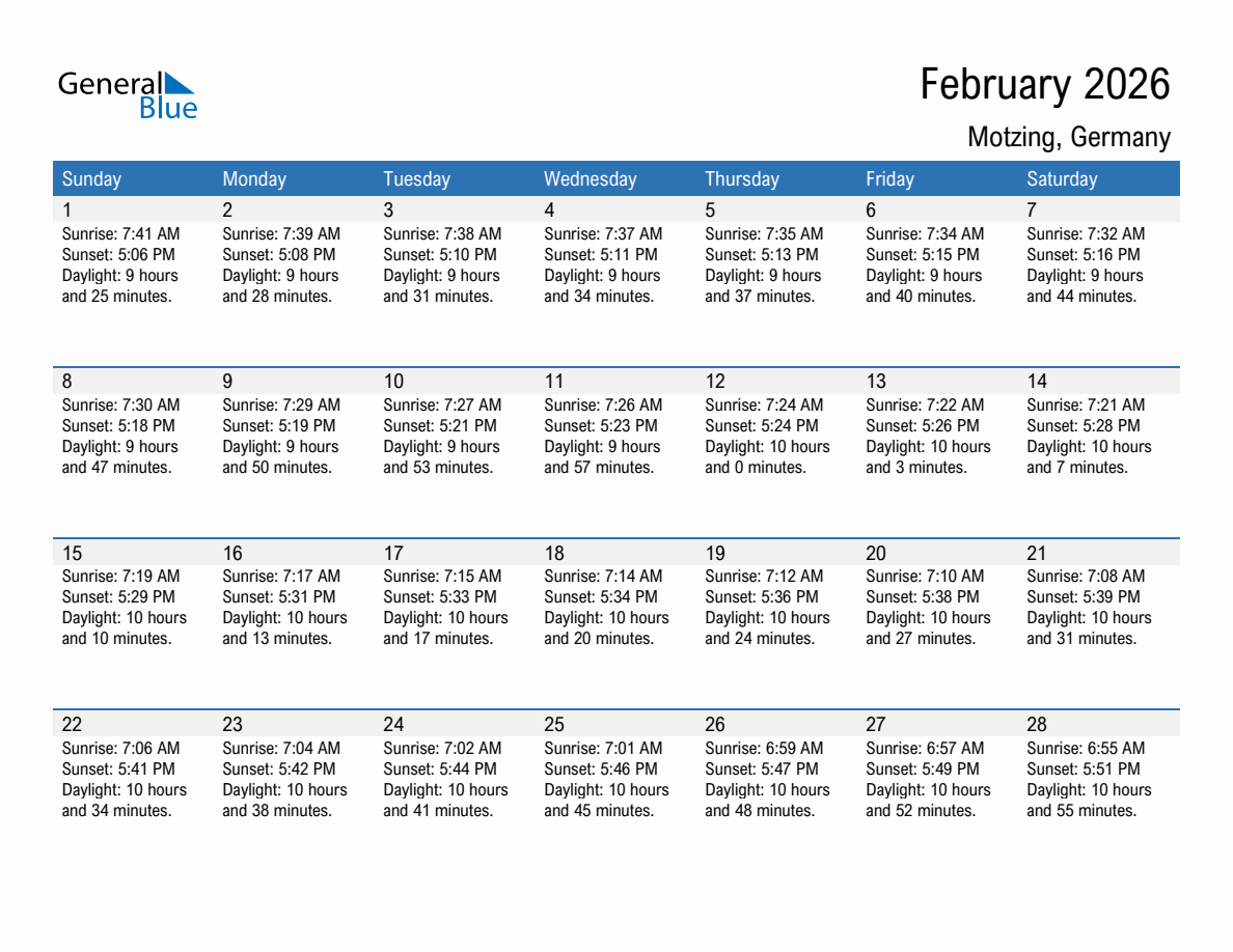 February 2026 sunrise and sunset calendar for Motzing
