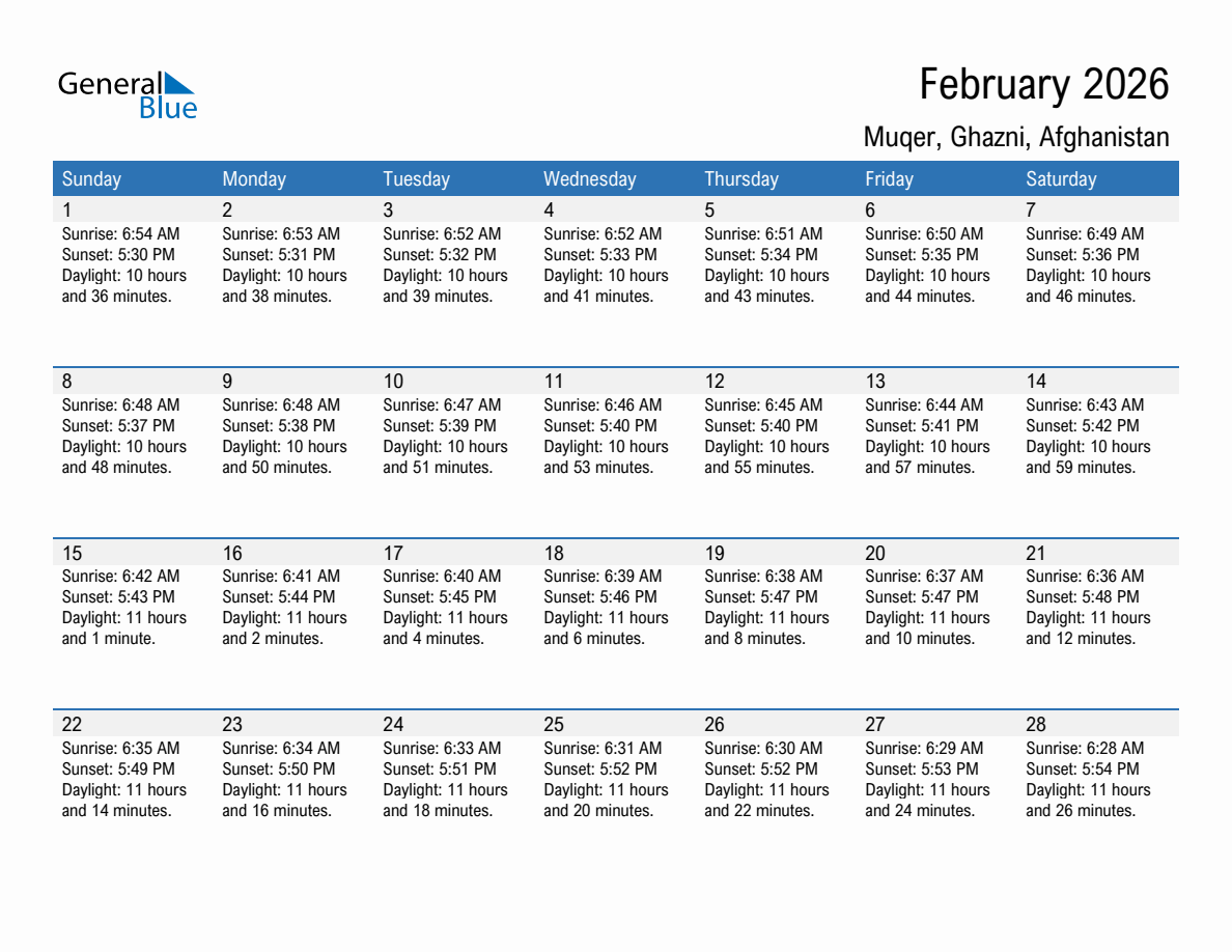 February 2026 sunrise and sunset calendar for Muqer