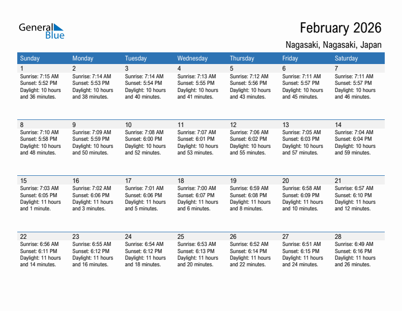 Nagasaki February 2026 sunrise and sunset calendar in PDF, Excel, and Word