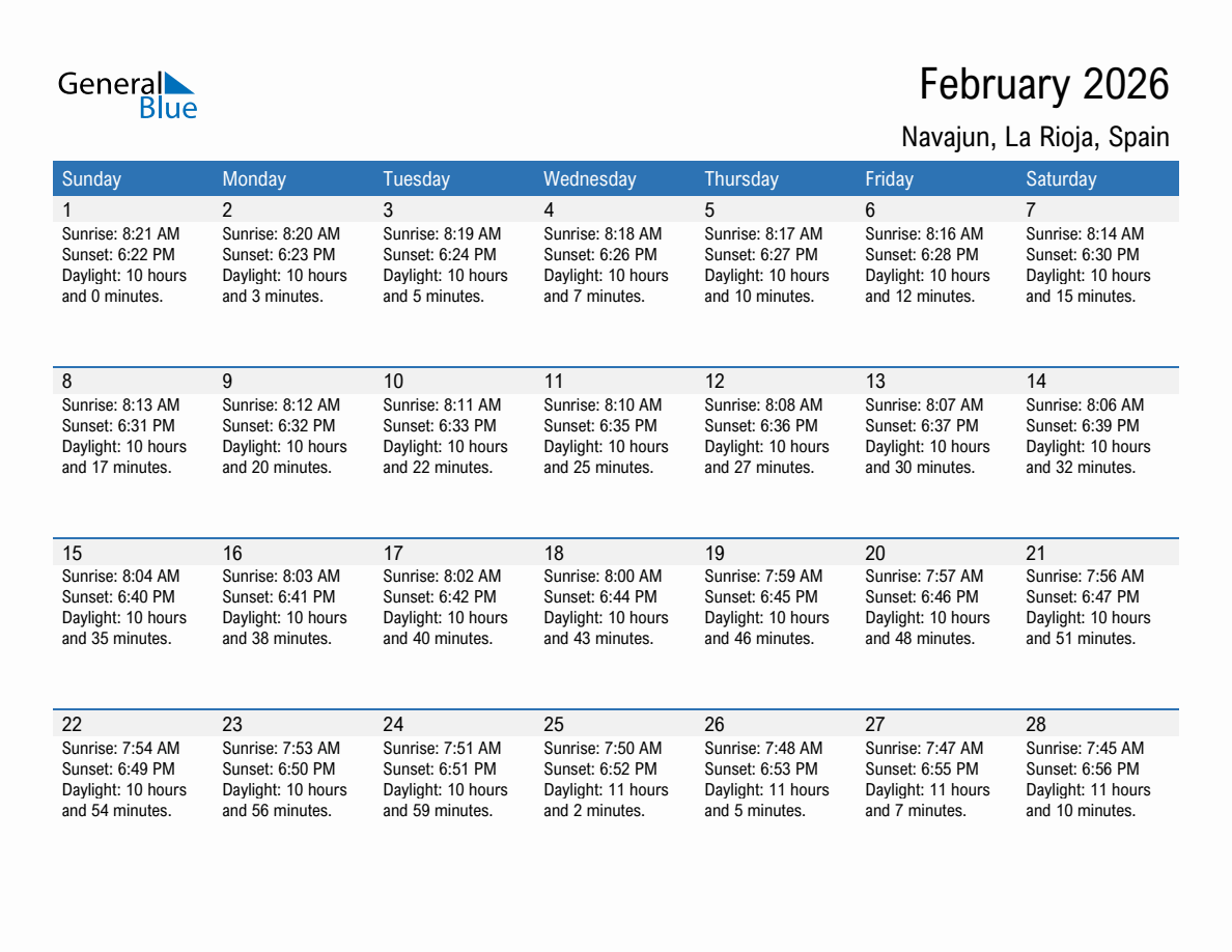 February 2026 sunrise and sunset calendar for Navajun