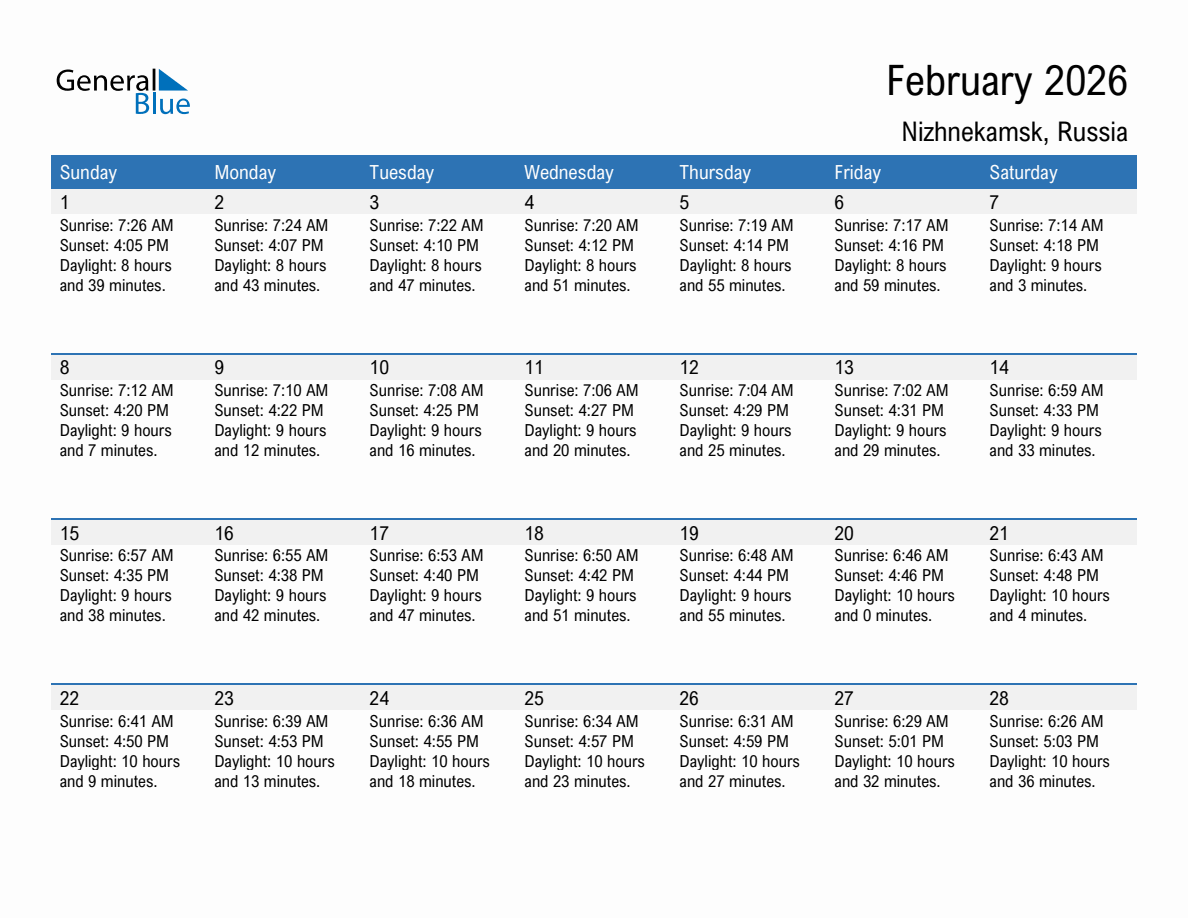 February 2026 sunrise and sunset calendar for Nizhnekamsk