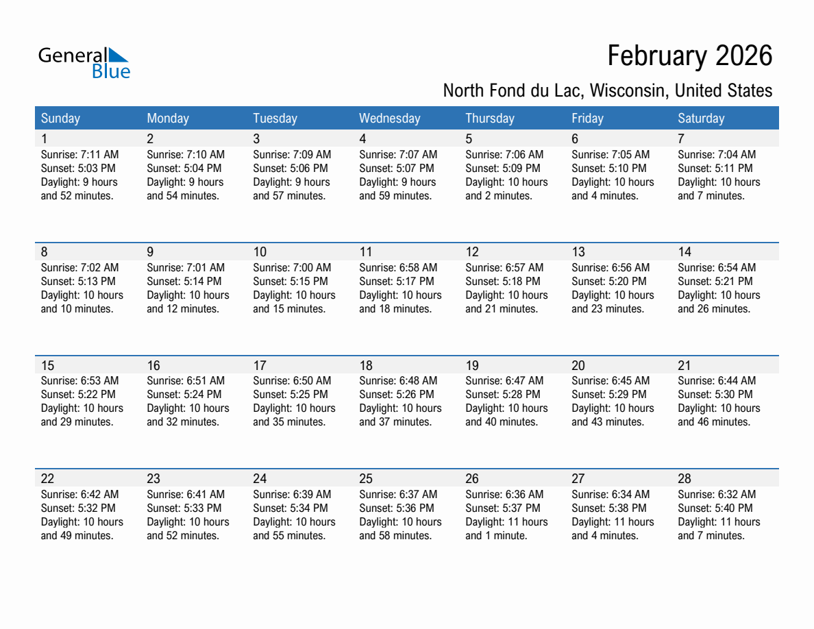 February 2026 sunrise and sunset calendar for North Fond du Lac