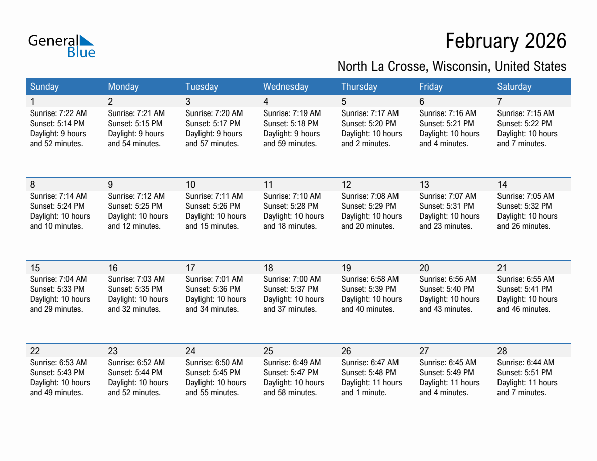 February 2026 sunrise and sunset calendar for North La Crosse