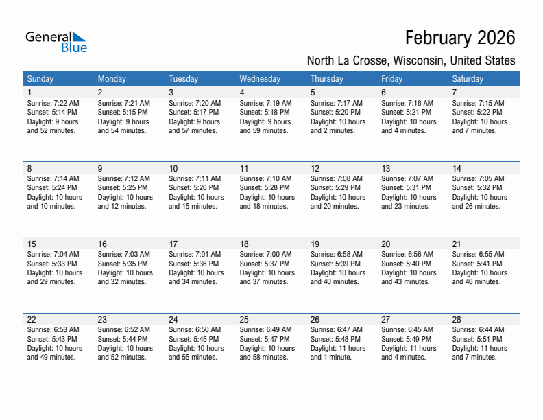 North La Crosse February 2026 sunrise and sunset calendar in PDF, Excel, and Word
