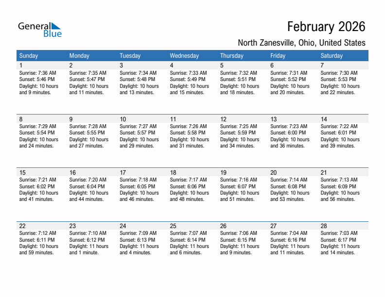 North Zanesville February 2026 sunrise and sunset calendar in PDF, Excel, and Word