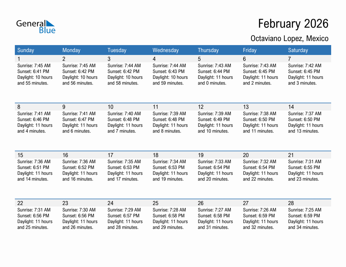 February 2026 sunrise and sunset calendar for Octaviano Lopez