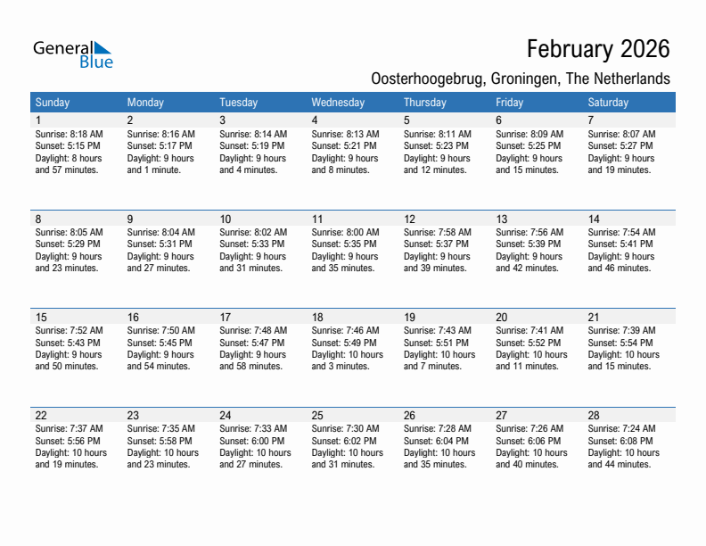 Oosterhoogebrug February 2026 sunrise and sunset calendar in PDF, Excel, and Word