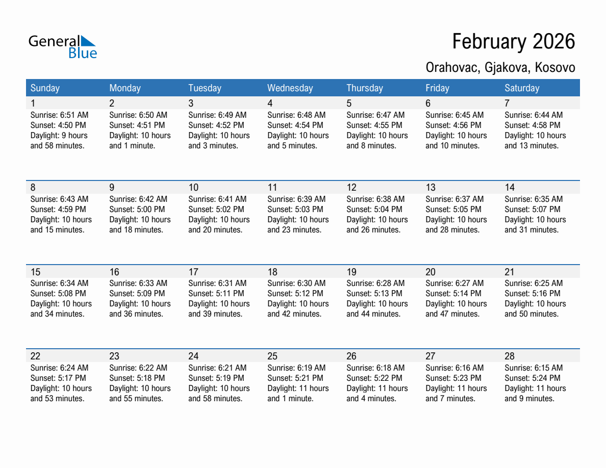 February 2026 sunrise and sunset calendar for Orahovac
