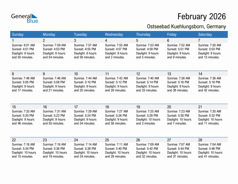 Ostseebad Kuehlungsborn February 2026 sunrise and sunset calendar in PDF, Excel, and Word