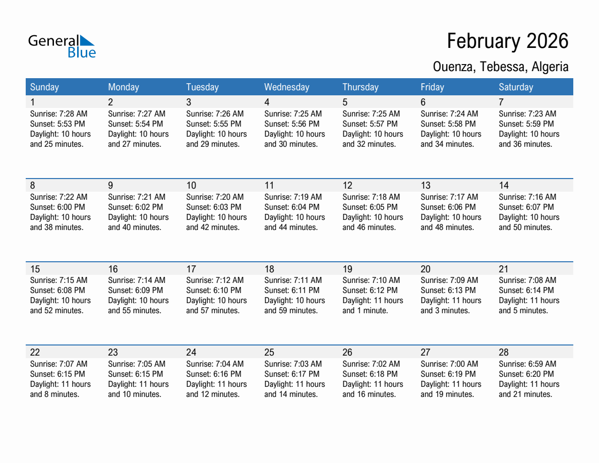 February 2026 sunrise and sunset calendar for Ouenza