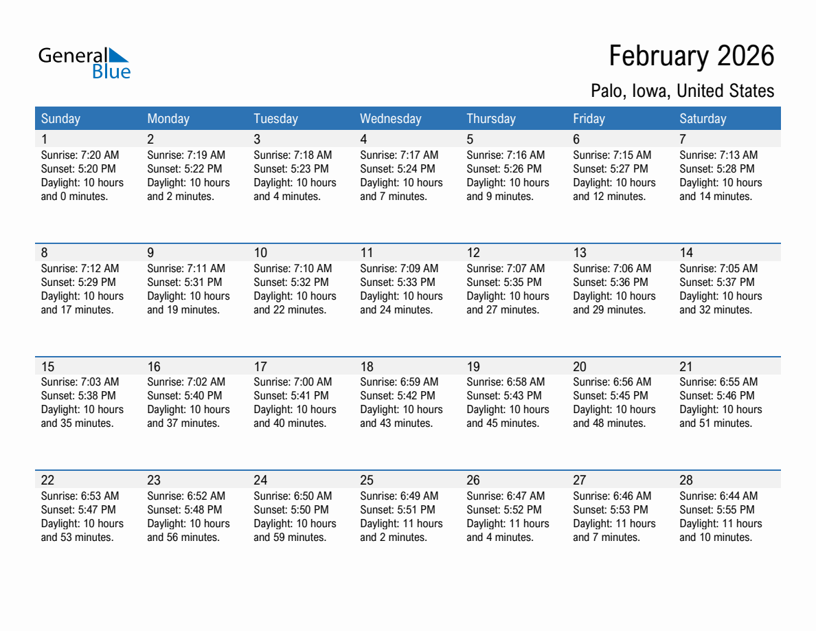 February 2026 sunrise and sunset calendar for Palo